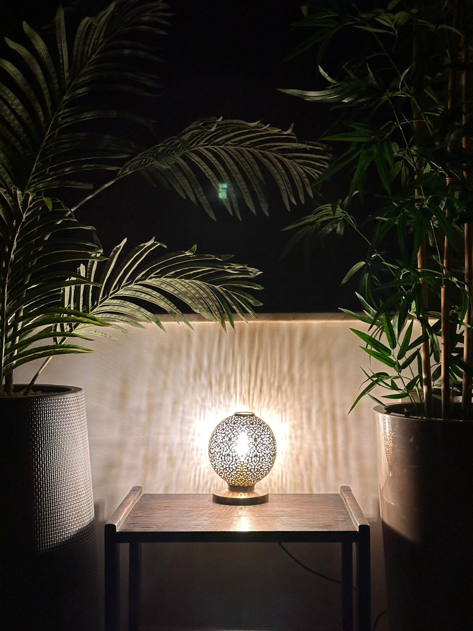 Handcrafted Brass Table Lamp with Round Openwork Shade