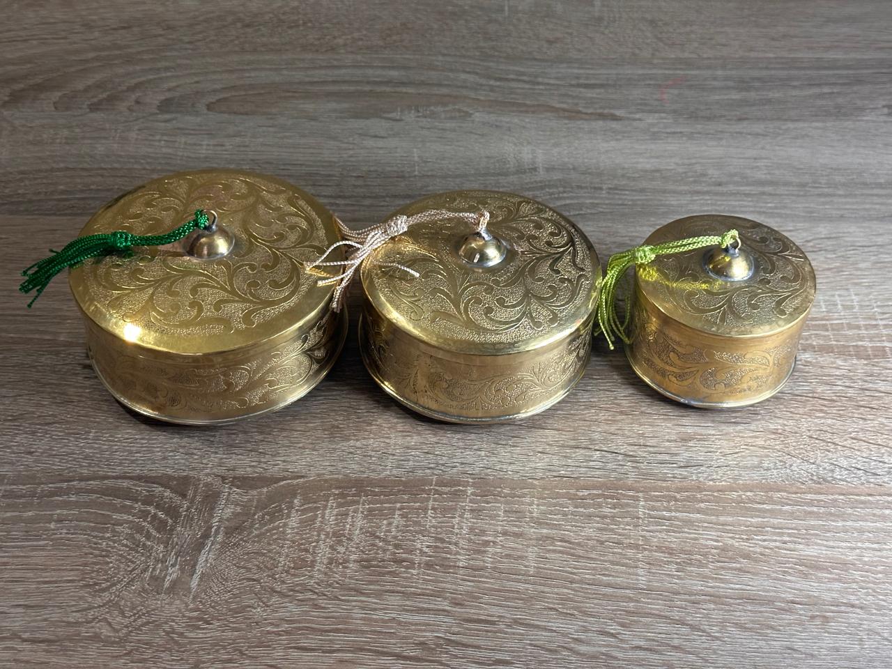 Handcrafted Floral Engraved Brass Decorative Boxes with Lids – Set of 3