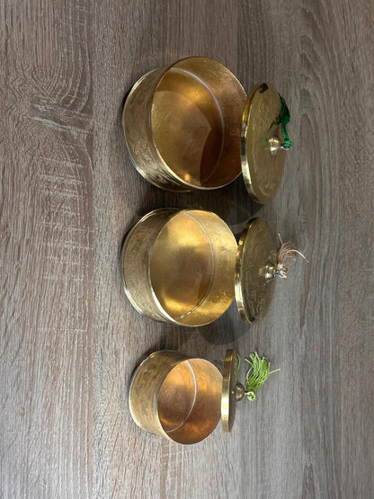 Handcrafted Floral Engraved Brass Decorative Boxes with Lids – Set of 3