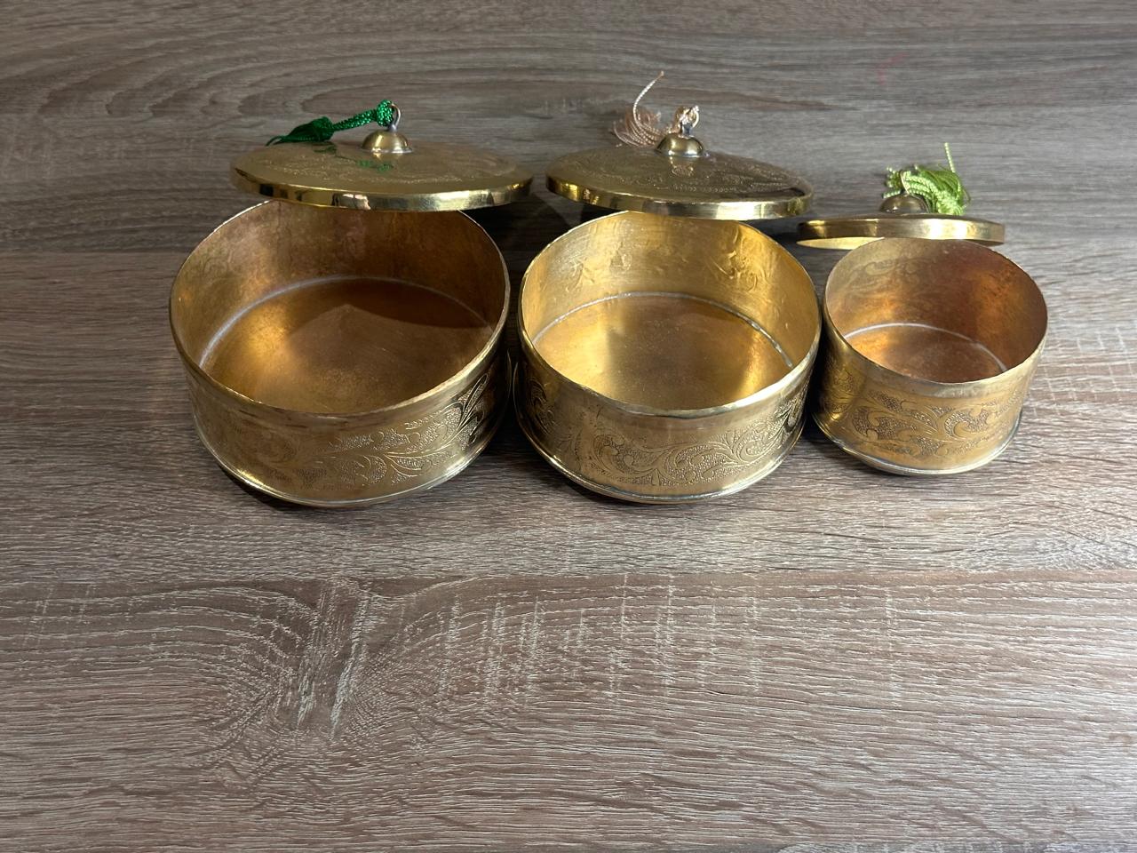 Handcrafted Floral Engraved Brass Decorative Boxes with Lids – Set of 3