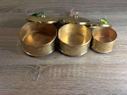Handcrafted Floral Engraved Brass Decorative Boxes with Lids – Set of 3