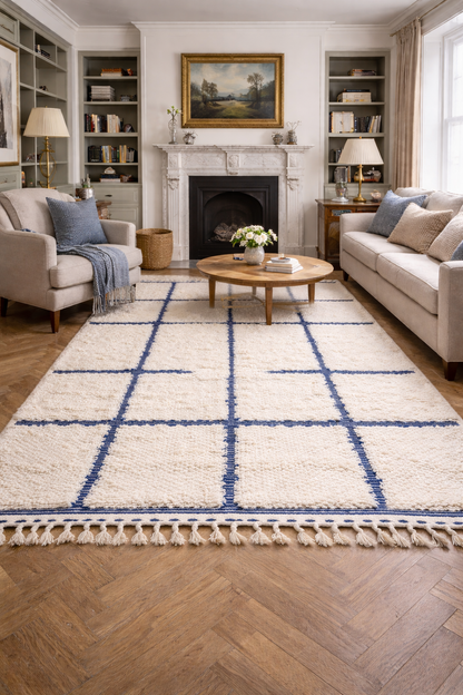 Berber Thick Wool Rug – Linear Grid Blue