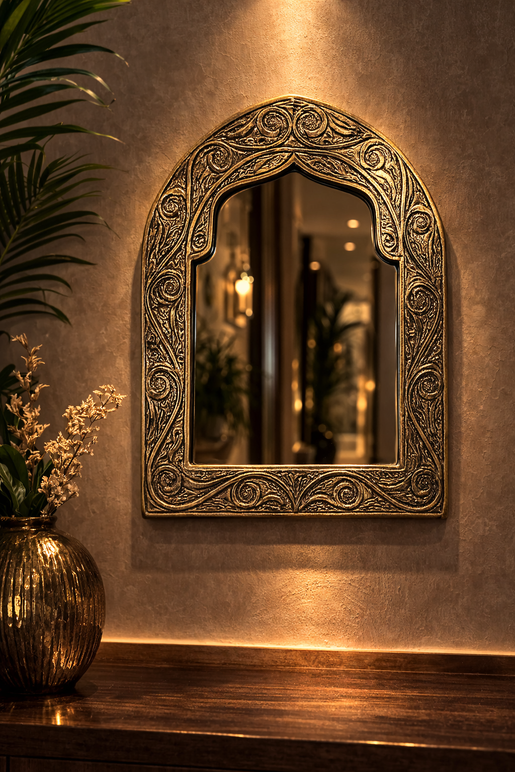 Handmade Engraved Brass Arch Mirror