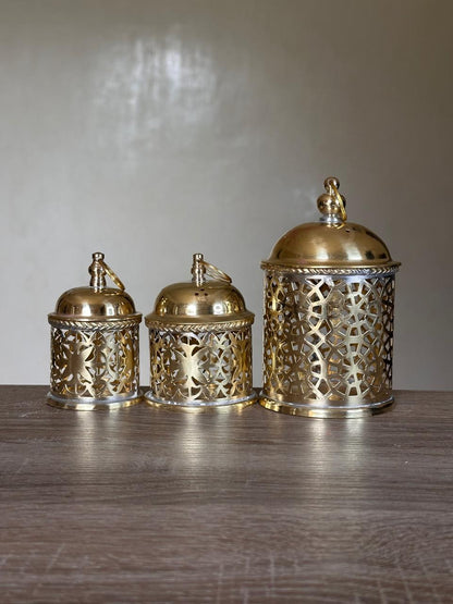 Handcrafted Nesting Pierced Brass Containers with Lids – Set of 3, Gold